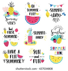 Summer lettering set with holiday elements. Watermelon, strawberry, lemonade. Vector illustration.