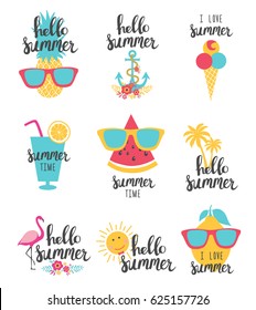 Summer lettering set with holiday elements. Watermelon, pineapple, lemon. Vector illustration.