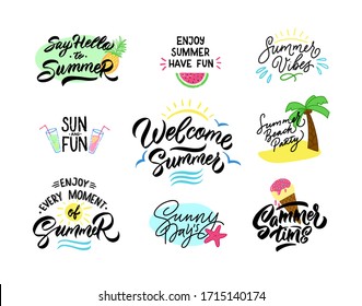 Summer lettering set of labels, logos, hand drawn tags and elements for summer holiday, travel agency, beach vacation and party. Vector illustration.  Poster set Isolated on white background.