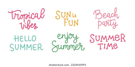 Summer lettering set, quotes for designs and prints, tropical summer time, beach party. Hand drawn vector illustration
