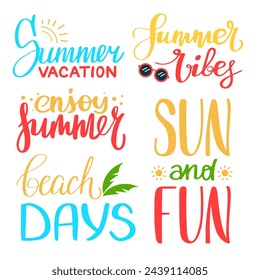 Summer lettering set vector isolated. Collection of hand-drawn phrases. Design element for summer web banner. Holiday, sun and hot weather.