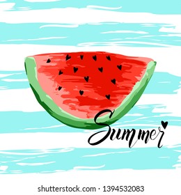 Summer lettering  with a slice of watermelon. Vector modern calligraphic design. Inscription for summer card, banner, poster, party invitation or t-shirt design. with a slice of watermelon.