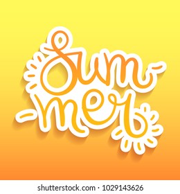 Summer lettering sticker. Vector postcard with summer word over it, doodle cartoon style with shadow