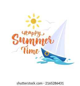 Summer lettering with sun, seagulls and sailboat on the waves. Vector color isolated illustration in flat style .	