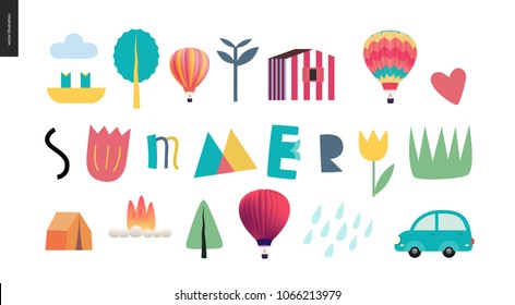 Summer lettering surrounded with traditional seasonal elements - camp vacation, car, sea coast Portuguese house, plants and hot balloons