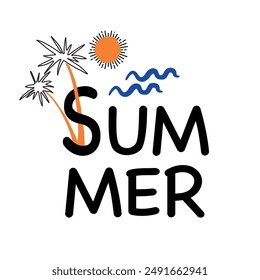 Summer lettering with symbols of holiday. Season vector label for article illustration, summer poster, t-shirt, fashion, prints, banner or packaging design. vacation, rest