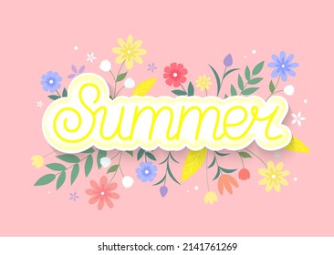 Summer lettering text with flower background. Vector Illustration