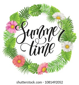 Summer lettering. Tropical palm leaves background. Vector illustration EPS10.