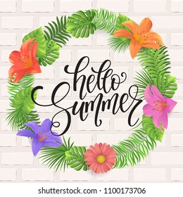 Summer lettering. Tropical palm leaves background. Vector illustration EPS10.