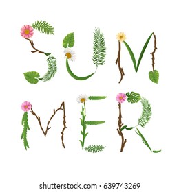 Summer lettering. Tropical palm leaves background. Vector illustration EPS10.