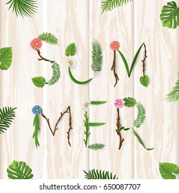 Summer lettering. Tropical palm leaves background. Vector illustration EPS10.