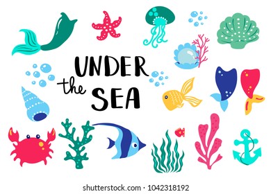 Summer Lettering Under Sea. Set Hand Drawn Icons, Signs And Banners. Bright Summertime Poster. Collection Summer Hand Drawn Elements For Summer Holiday And Party. Vector Illustration.