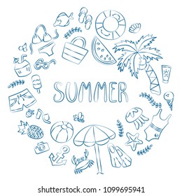 Summer. Lettering and various summer elements drawing hands. Card in doodle and cartoon style. Vector. EPS 8