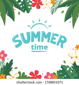 Vector de letras de verano. Marco floral colorido y bonito. Ilustración vectorial en estilo plano
