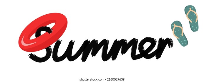 Summer lettering vector illustration with inflatable ring and flip flops