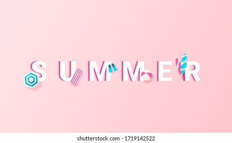 Summer letters with flippers for swimming, sun umbrella, surf board, inflatable ball and deck chair objects icons on a delicate pink background. Top view, flat lay