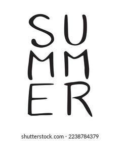 Letras de verano dibujadas a mano con una simple ilustración del logo. Cartel de una sola letra de la temporada del clima caliente cartel de texto plano. Grabado de vacaciones e interesante boceto aislado de tipos de letra de texto. Icono de cita de verano.