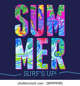 Summer letters with watercolor waves pattern, t-shirt typographic design