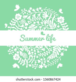 Summer life.  
Summer background.
Hand drawing. Floral vector illustration with butterflies for invitation, greeting card, menu, flyer, banner, poster
