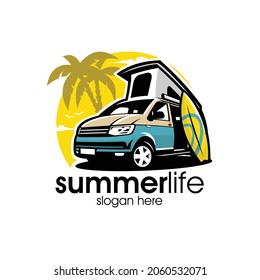 Summer life camper van surf logo illustration vector