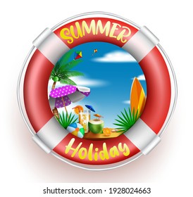 Summer lifebuoy vector concept design. Summer holiday text in life buoy in white background with beach elements for fun and relax tropical season vacation. Vector illustration