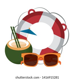 Summer lifesaver float sunglasses and coconut cartoons vector illustration graphic design