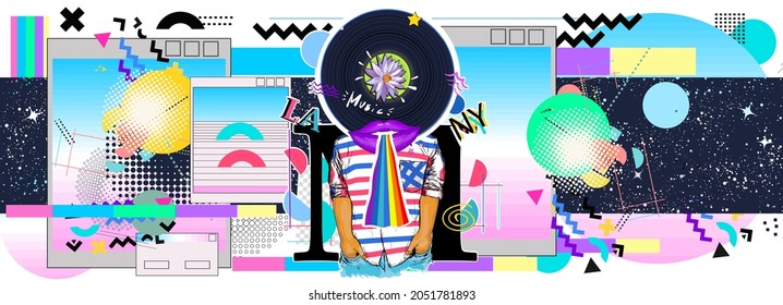 Summer lifestyle. Modern collage, zine culture. Surreal retrofuturistic vector illustration. Glitch in universe. 80s and 90s internet pop culture style 