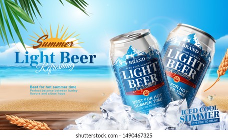 Summer light beer ads design with aluminium can on ice cubes and beach background in 3d illustration