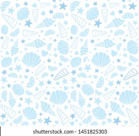 Summer light blue doodle on white. Hand drawn vector doodle pattern with hearts, stars, shells, ice cream cone, quarter of orange or lemon. Seamless summer pattern. Summer vacation pattern