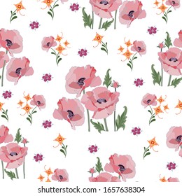 Summer light composition with delicate pink poppies on a white background. Textile composition, template for design print, fabric, wallpaper.