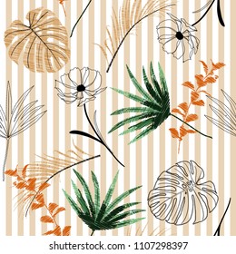 Summer light Embroidery tropical forest elements on stripes seamless pattern vector for fashion fabric and all prints on beige background