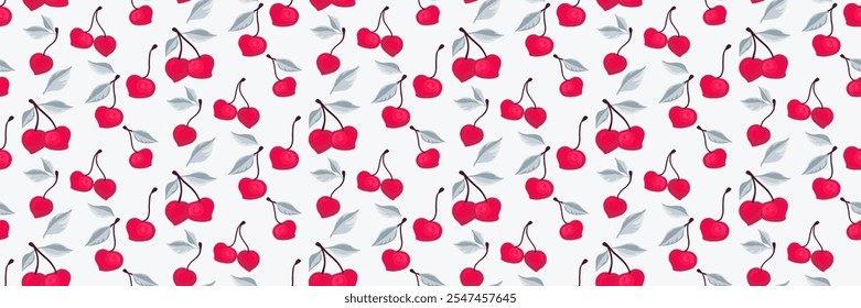 Summer light pattern with abstract artistic red cherry with leaves. Creative berries, fruits, leaf, seamless print. Vector hand drawing painted. Design ornament for fabric, fashion, textiles