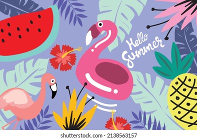summer light purple background banner flamingo pineapple flower watermelon vector illustration