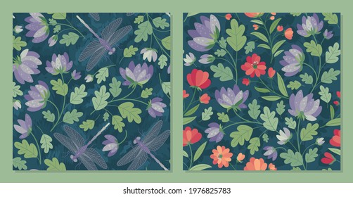 Summer lilac flowers, garden  and dragonflies  -  set of Seamless patterns in a flat style. Spring mood. Vector Background for fabric, textile, wallpaper, poster, web site, card, gift wrapping paper 