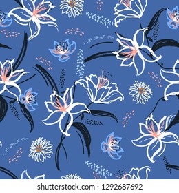 summer lily and blooming flowers seamless pattern in vector hand brushed watercolor ,Hand painting design for fashion,fabric,wallpaper,web and all prints on sky blue background color