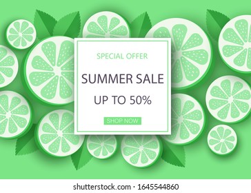 Summer lime sale banner template. Liquid summer bubble with tropic leaf. Tropical background and backdrop. Promo badge for seasonal offer, summer promotion, advertising. Vector summer set background.