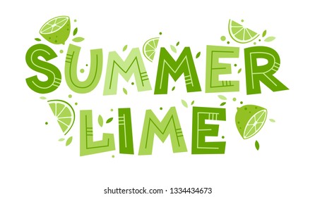 Summer lime vector illustration. Fresh green summer card with hand drawn lettering. Vector flat cartoon illustration.