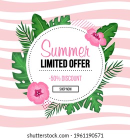 Summer limited offer. Summer special price. Hello summer sale with palm leaves. Vector illustration. 
