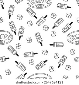 Summer line art hand drawn vector seamless pattern with watermelon ice cream, Summer Beach collection. 