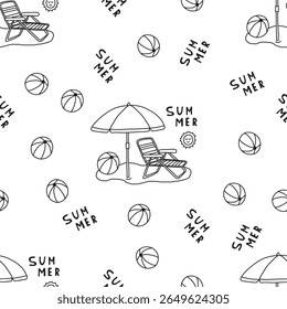 Summer line art hand drawn vector seamless pattern with umbrella on sand, Summer Beach collection. 