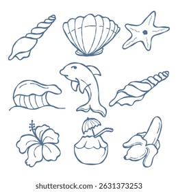 Summer Line Art Icon Set – Elementos de playa dibujados a mano