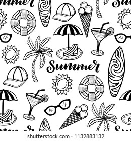 Summer line art seamless pattern with holiday vacation icons, umbrella, sunglasses, ice-cream, cocktail and more, isolated on white background. Vector