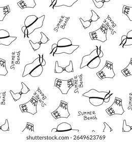 Verão linha arte vetor mão desenhado padrão sem costura com biquíni, coleção Summer Beach. 