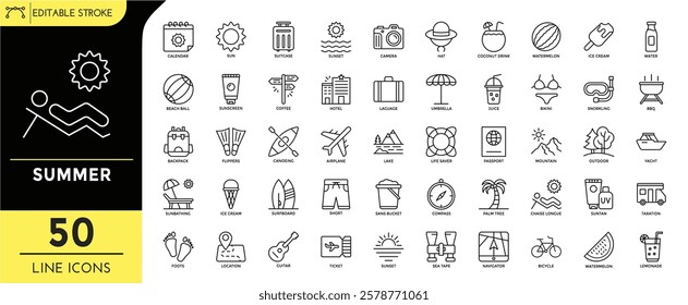 Summer line editable icon set. editable stroke vector pack.  beach, hotel, backpack, surfboard, sunbathing, palm tree,juice, sunset, bikini, snorkling,ice cream, suntan, and more. vector illustration