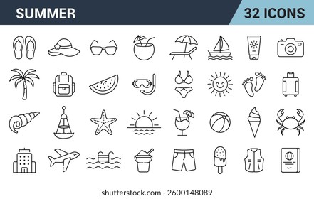 Summer line Editable Icons Set. Include, Vocation, Holiday, Tour Tourism, And More. Vector illustration	