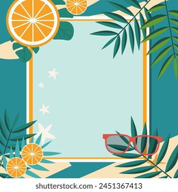 Summer Line Frame Background with Tropical Leaf Orange and Copy Space