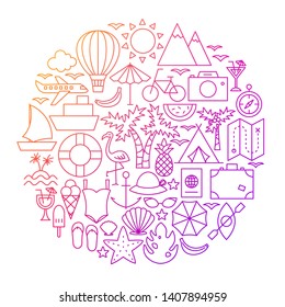 Summer Line Icon Circle Design. Vector Illustration of Travel Objects Isolated over White.