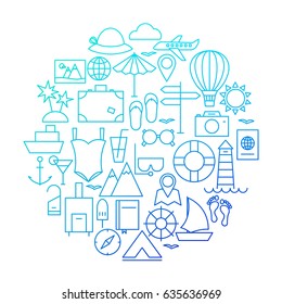Summer Line Icon Circle Design. Vector Illustration of Vacation and Travel Objects.