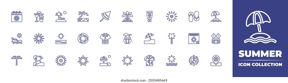 Summer line icon collection. Editable stroke. Vector illustration. Containing vacation, summer, beach, cocktail, sunny, sun, float, lounger, palmtree.