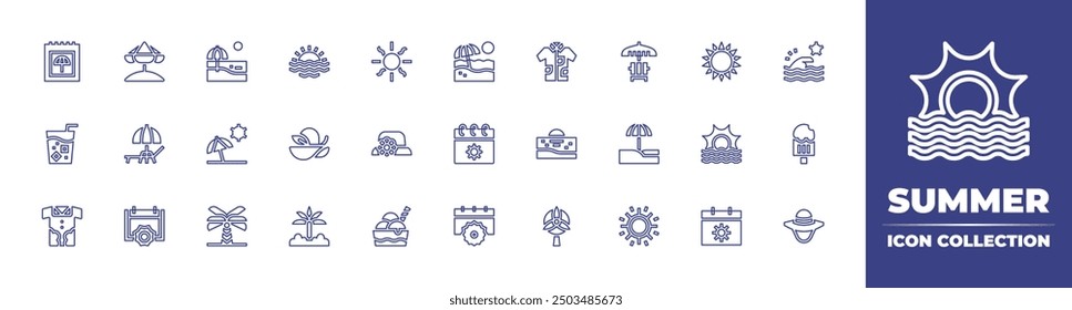 Summer line icon collection. Editable stroke. Vector illustration. Containing sunset, beachumbrella, summer, sunumbrella, shirt, icetea, palmtree, pamelahat, holidays, beach.